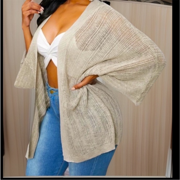 Unique Plush Knitted Pink/White Thick Cardigan W/Boho Decor Ribbed Cuffs & Trim - Picture 8 of 8